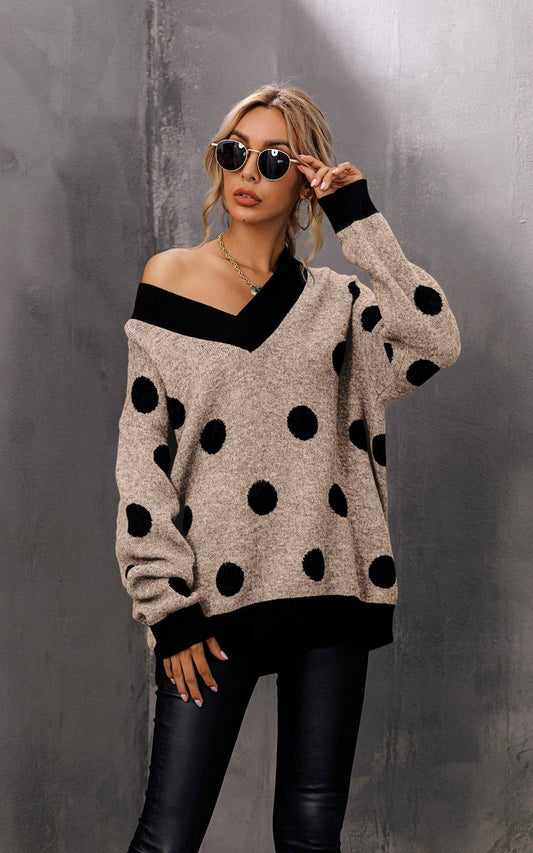 Wool Blended V Neck Jumper In Beige & Black Polka Dot Print MB1007