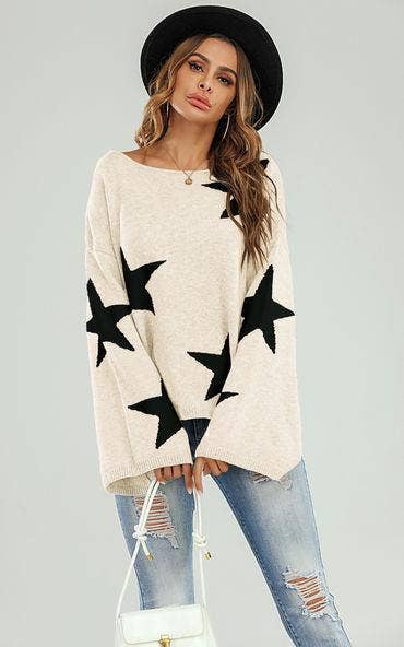 Wide Sleeve Oversize Cream Jumper With Black Star MB1008