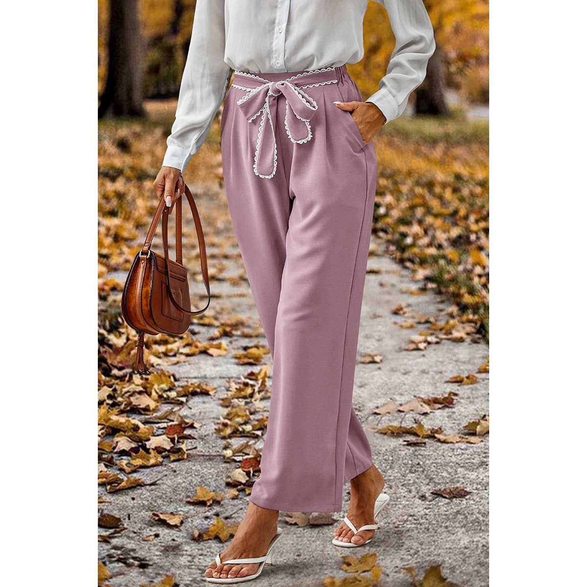 Straight Leg Elastic High Waist Lace Tie Trim Pants MB1001