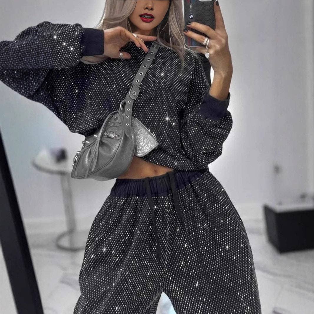 Women's Starry Night Long Sleeve Top With Drawstring Wide Leg Pants Set-MBS1000