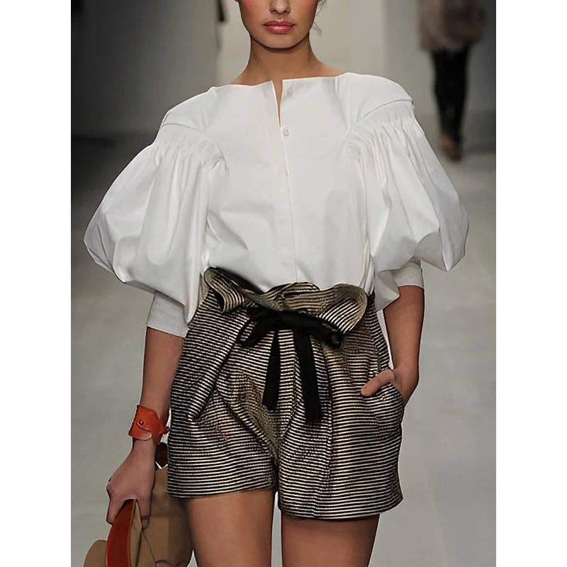Puff Sleeves Buttoned Solid Color Blouses&shirts Tops  MBC3009
