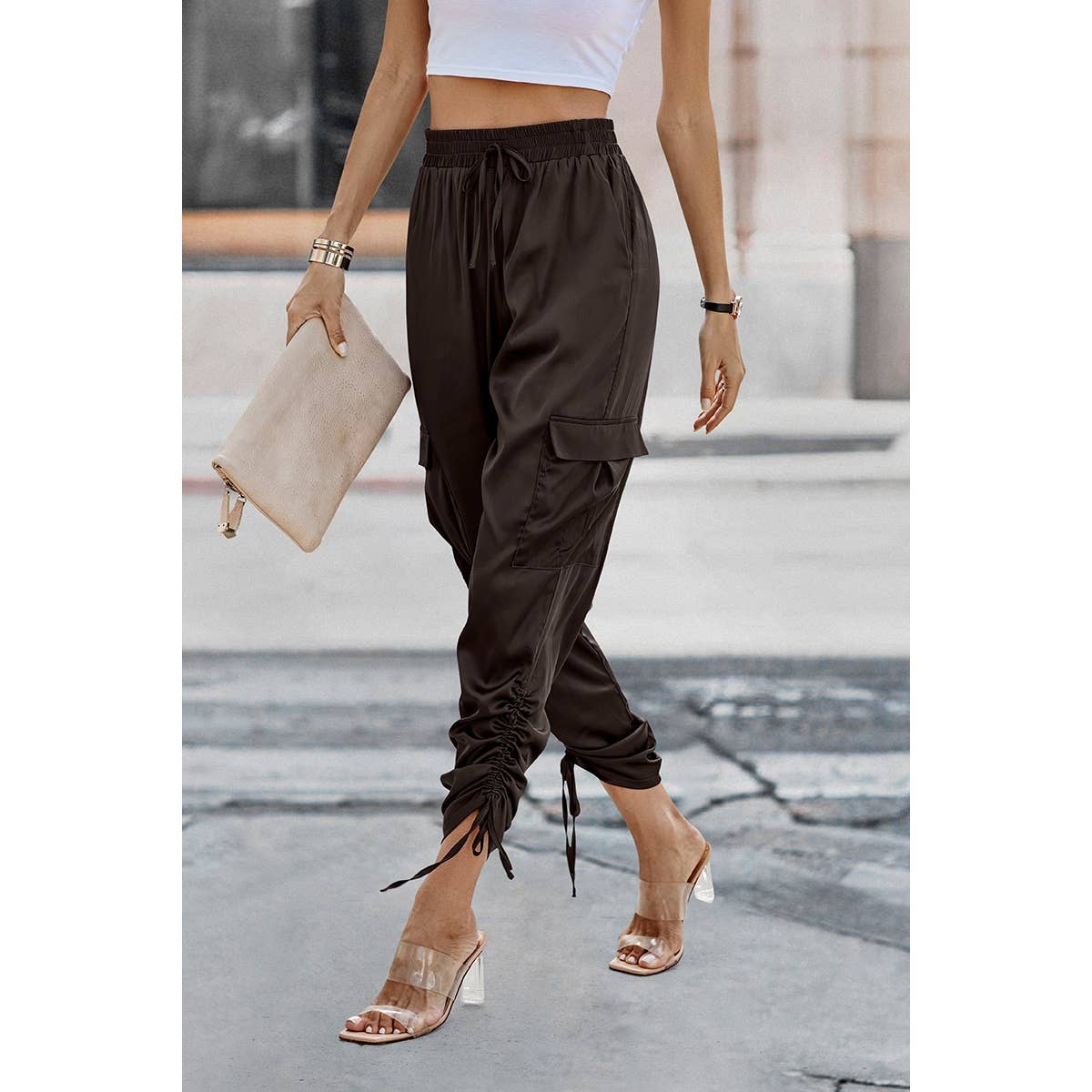 Pantaloni cu tiv solid și șnur de fixare, cu clapă și buzunare laterale, model MB1002