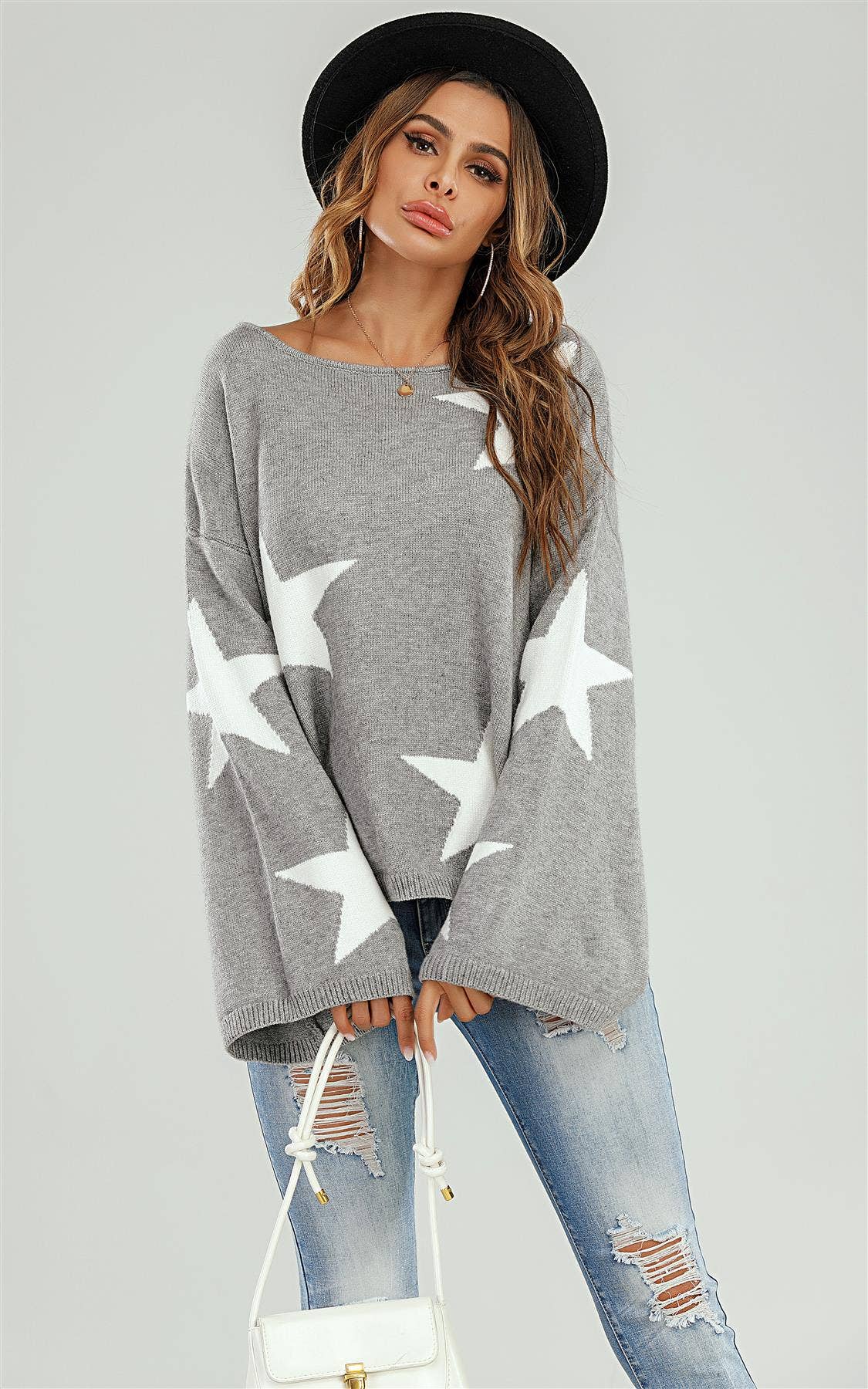 Wide Sleeve Oversized Grey Jumper With White Star MB1011