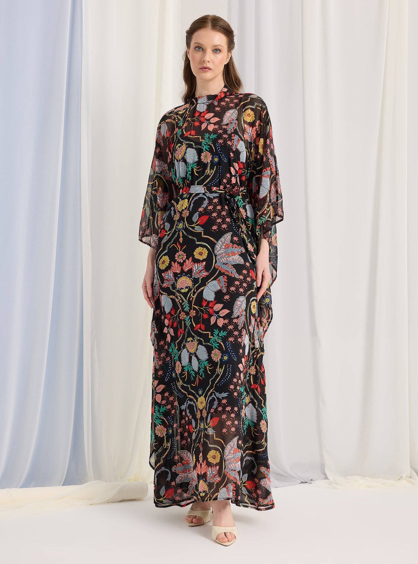 Black Printed Gold Lurex Belted Kaftan Dress 200101