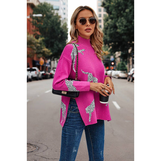Leopard Turtleneck Drop Shoulder Knit Sweater MB1003