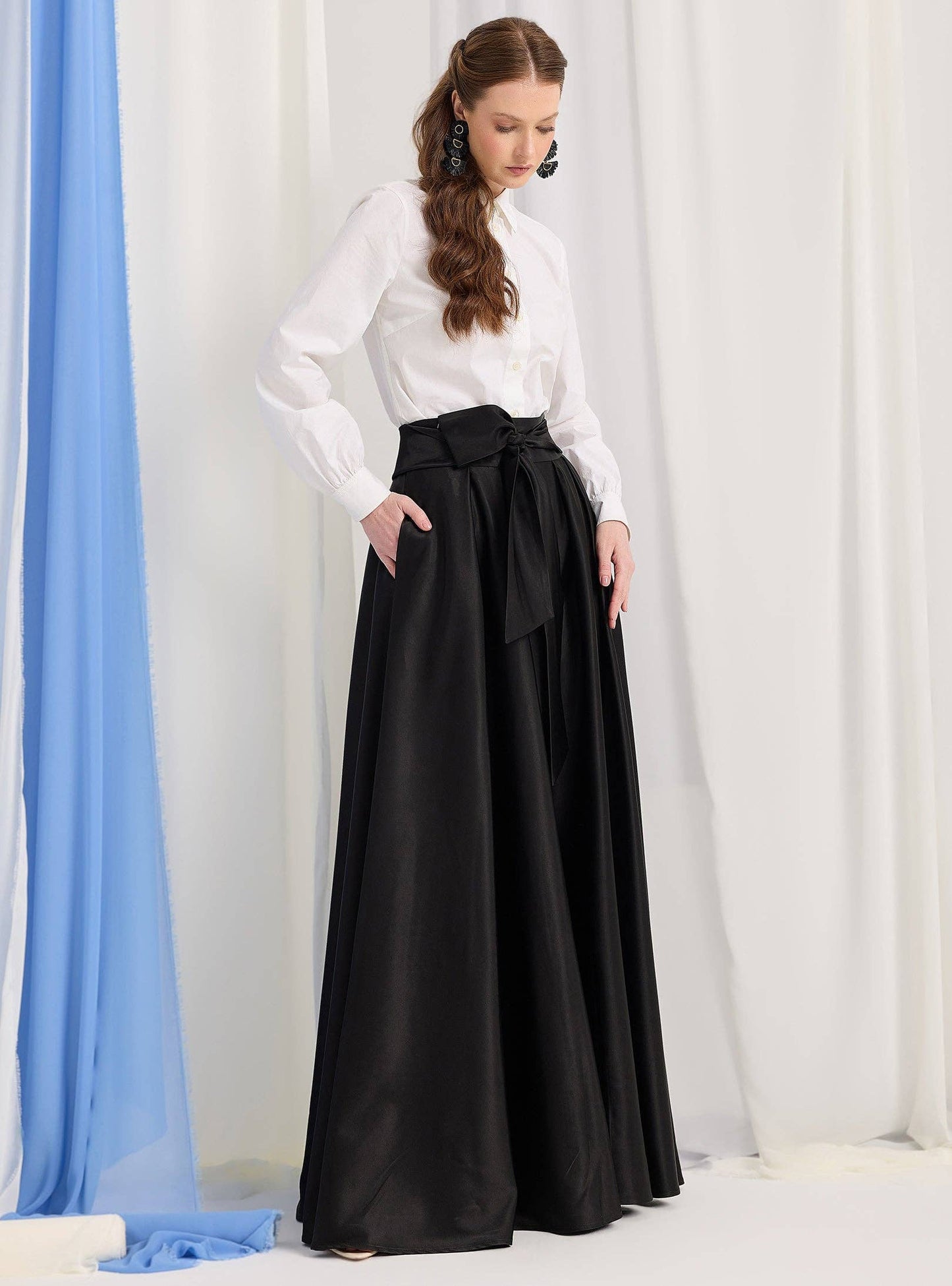 Black Mat Satin Belted Maxi Skirt 300101