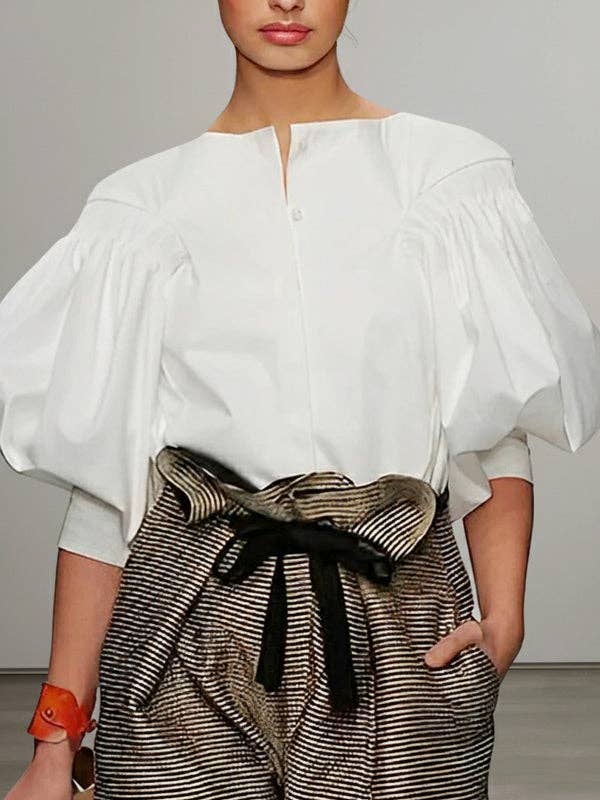Puff Sleeves Buttoned Solid Color Blouses&shirts Tops  MBC3009