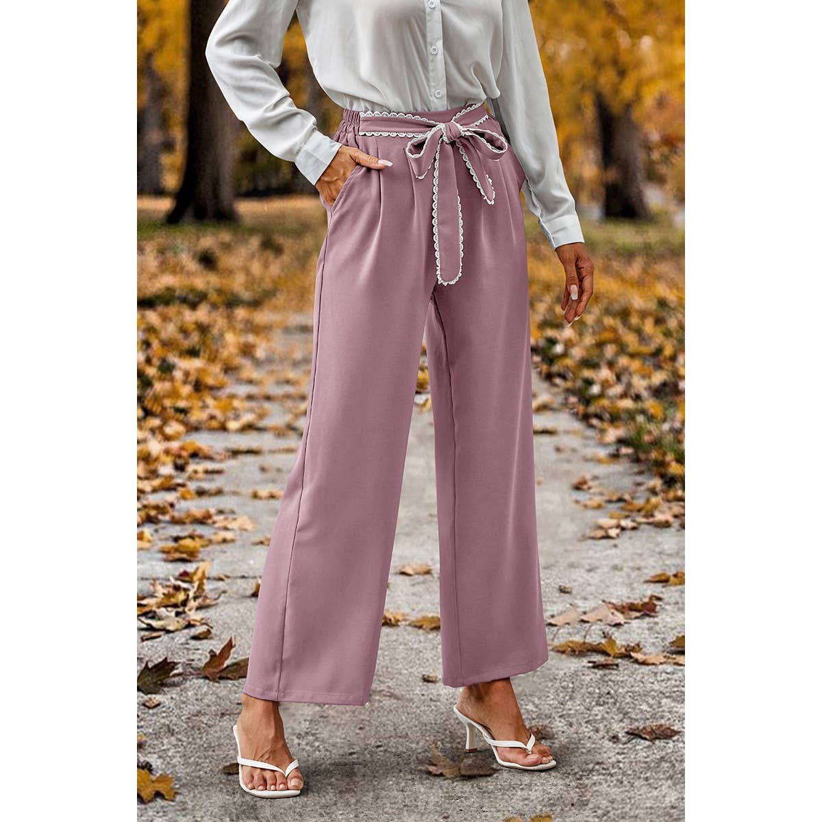 Straight Leg Elastic High Waist Lace Tie Trim Pants MB1001