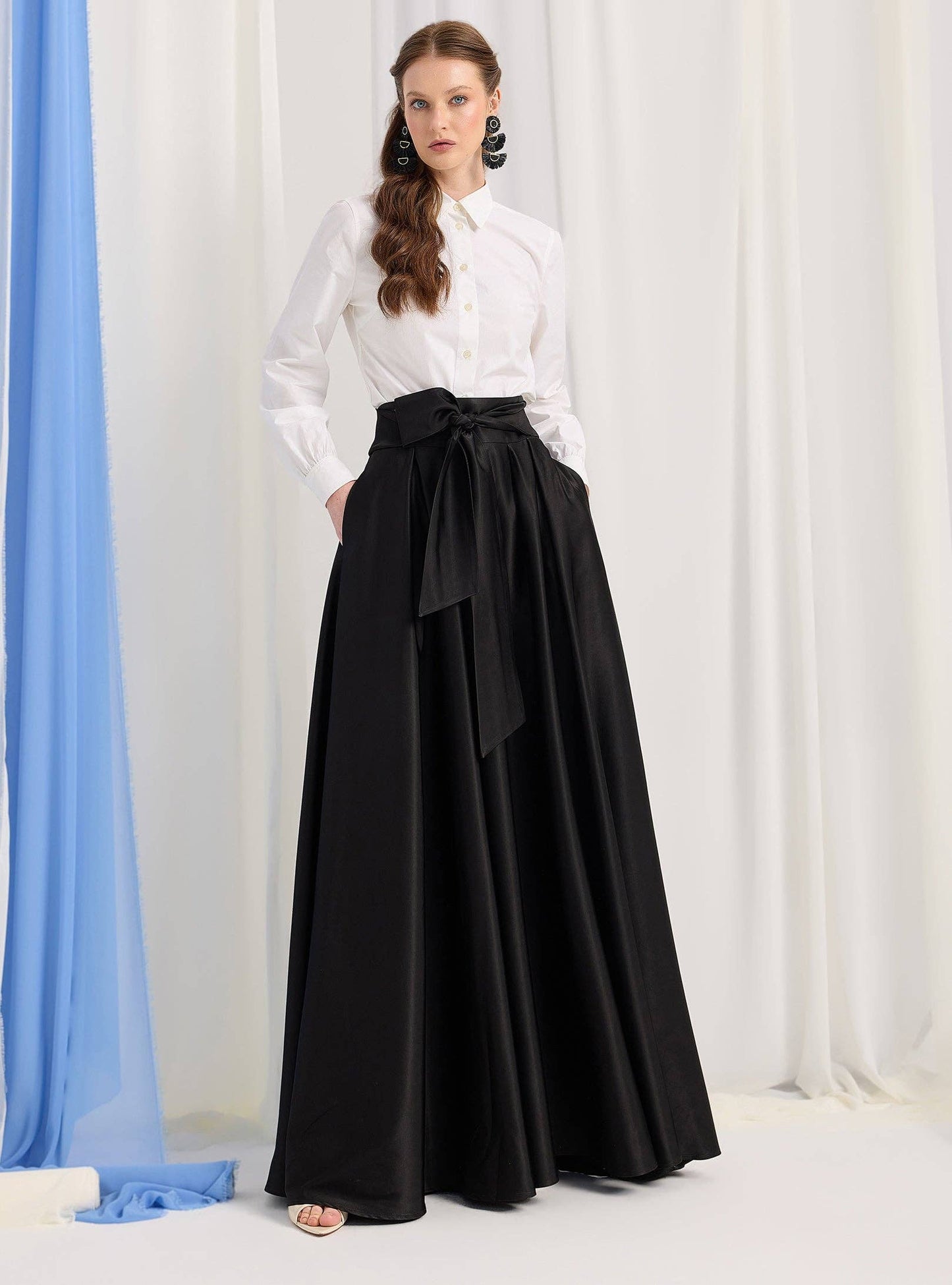 Black Mat Satin Belted Maxi Skirt 300101