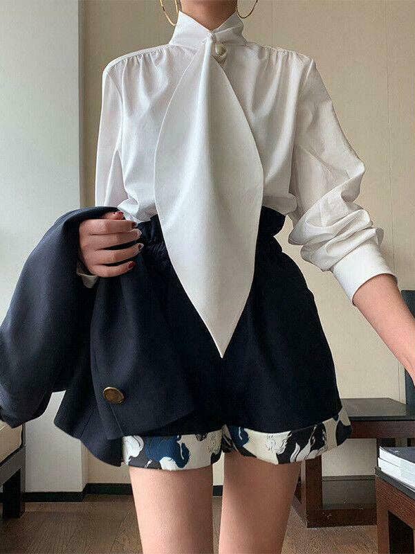 Long Sleeves Loose Solid Color High-Neck Blouses&Shirts Tops MBC3007
