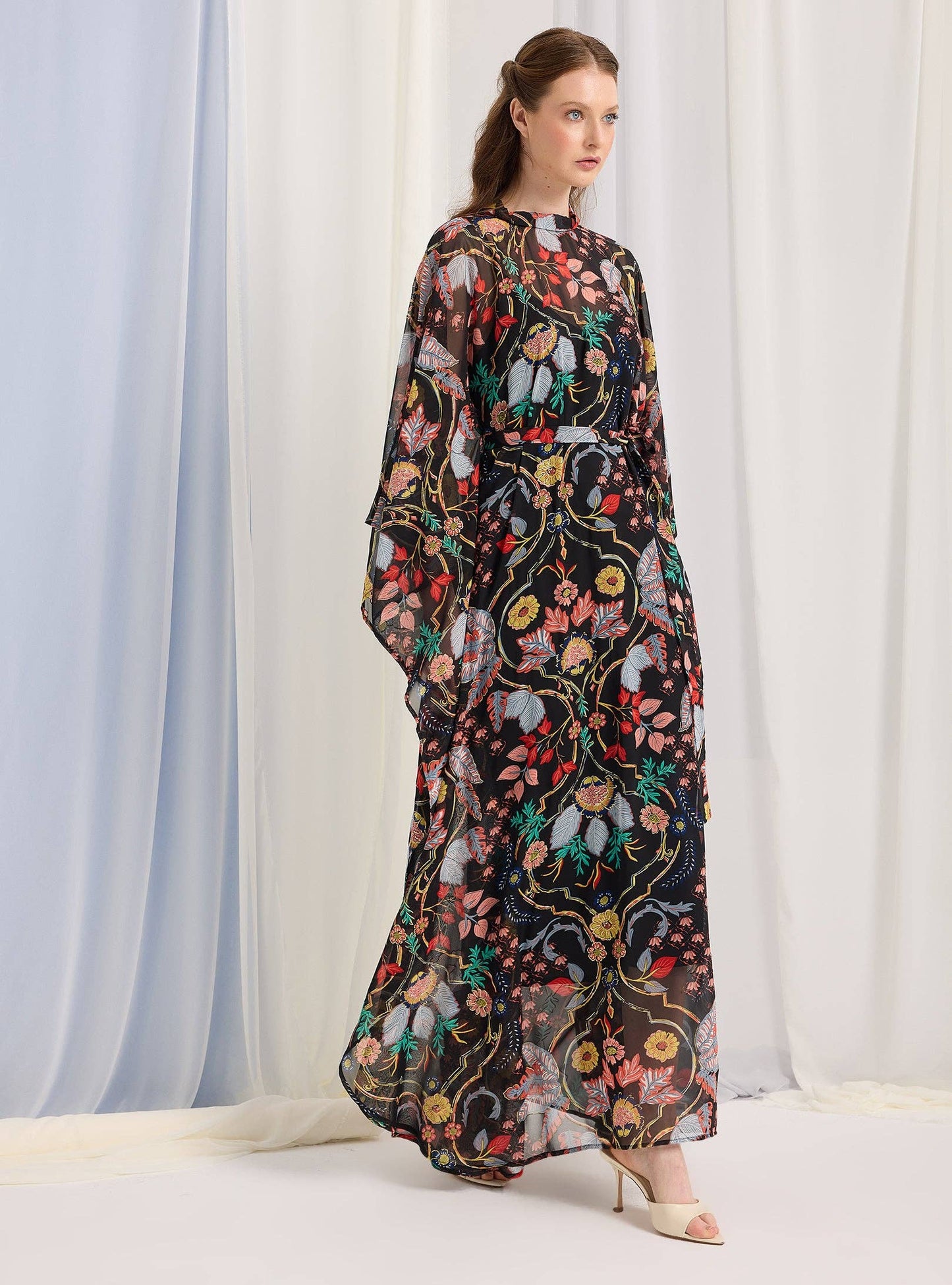 Black Printed Gold Lurex Belted Kaftan Dress 200101