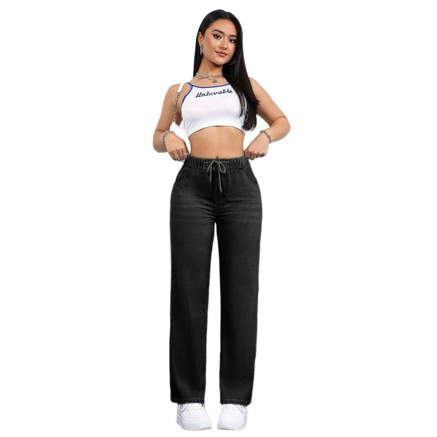 Elastic Drawstring Straight Leg Jeans MBP3003