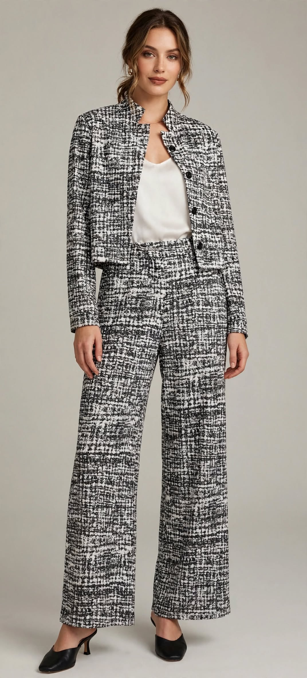 Set jachetă texturată crop și pantaloni cu croi larg MB10523